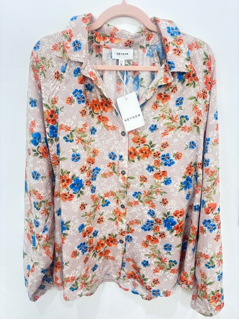 NWT Heyson Floral Blouse Large Orange Blue Beige Long Sleeve Boho Top